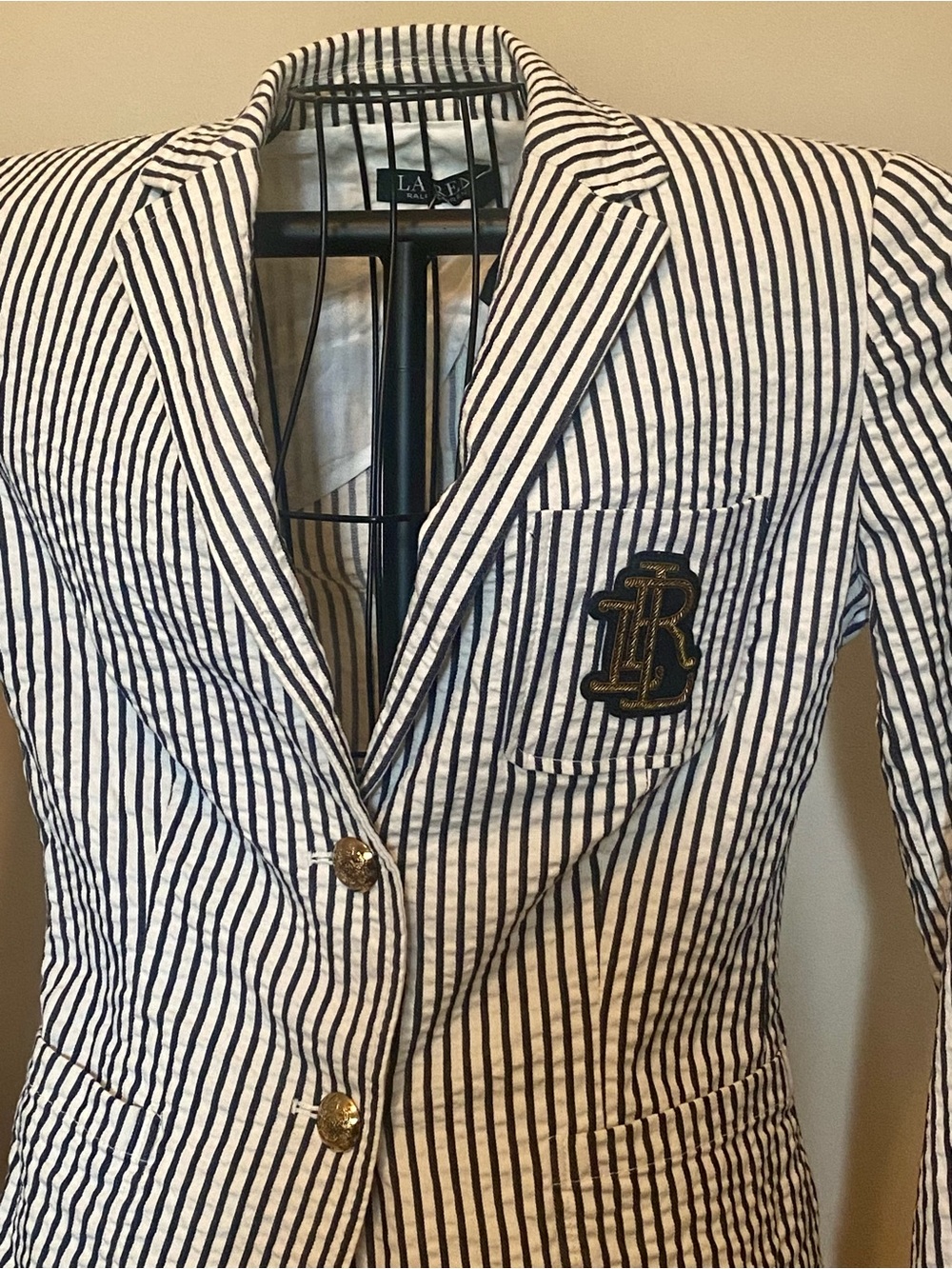 Ralph Lauren Navy & White Striped Blazer with Embroidered Crest